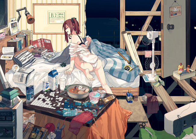 Обои картинки фото аниме, unknown,  другое, еда, вентилятор, комната, девушка, пазлы, постель, арт, hitomai