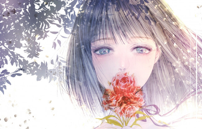 Обои картинки фото аниме, unknown,  другое, роза, арт, девушка, плачет, by, kuroe