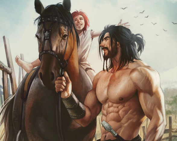 Обои картинки фото рисованное, aenaluck, мужчина, борода, меч, лошадь, девочка