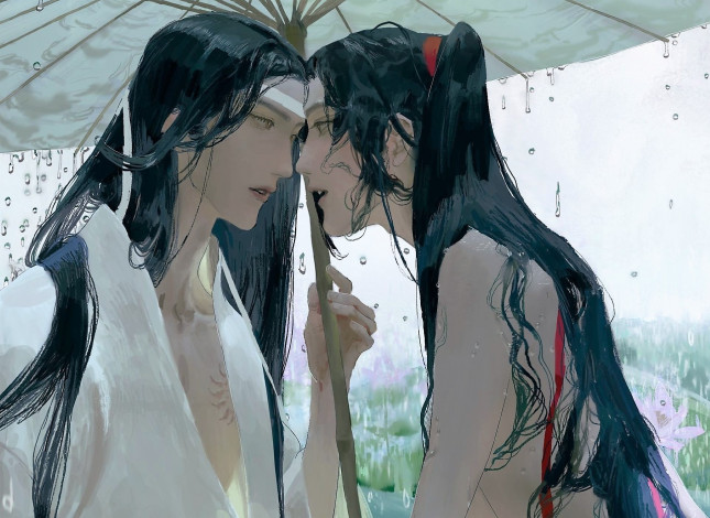 Обои картинки фото аниме, mo dao zu shi, вэй, усянь, лань, ванцзи, дождь, зонт