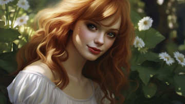 Картинка нейросеть рисованное живопись взгляд девушка свет цветы поза улыбка графика портрет сад арт рыжеволосая цифровая цифровое искусство диджитал