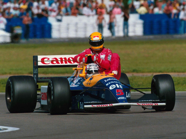 Обои картинки фото nigel, mansell, ayrton, senna, out, of, fuel, williams, gp, great, brittain, silverstone, circuit, july, спорт, формула