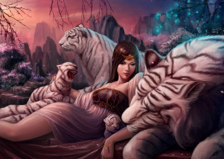 Картинка фэнтези красавицы чудовища девушка тигры