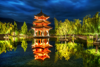 Картинка lijiang china природа парк пагода деревья пруд отражение китай