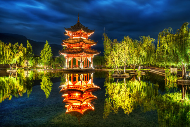 Обои картинки фото lijiang, china, природа, парк, пагода, деревья, пруд, отражение, китай