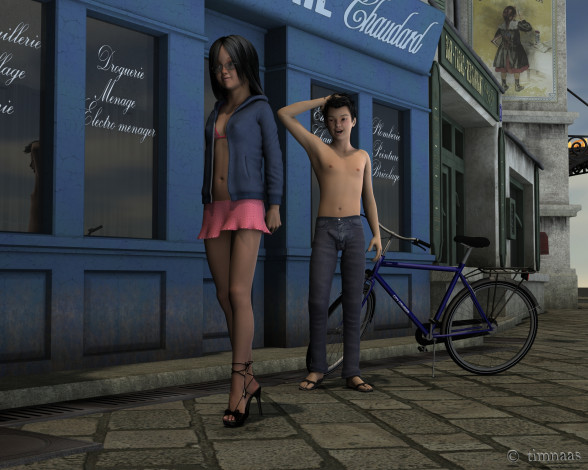 Обои картинки фото 3д, графика, people, люди, велосипед, мальчик, девушка, улица