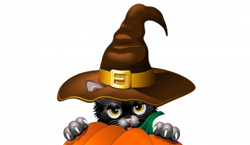 Картинка векторная+графика животные halloween праздник тыква взгляд черный кот когти ушки шляпа