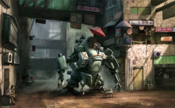 Картинка фэнтези роботы +киборги +механизмы люди город улица механоид робот мир иной