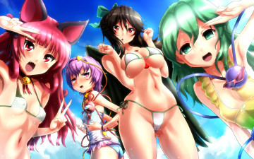 обоя аниме, touhou, kaenbyou, rin, ушки, грудь, девушки, kezune, art, бикини, удивление, радость, взгляд, reiuji, utsuho, komeiji, satori, koishi