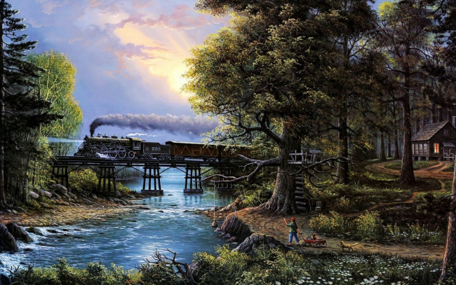 Обои картинки фото рисованное, живопись, небо, река, лес, паровоз