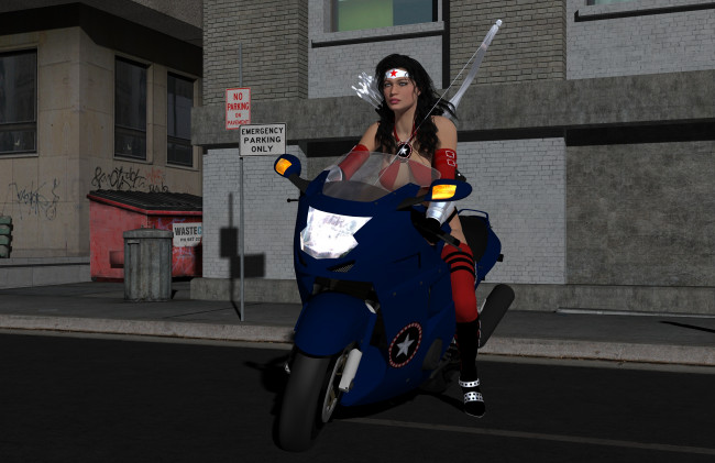 Обои картинки фото 3д графика, фантазия , fantasy, лук, взгляд, фон, девушка, мотоцикл