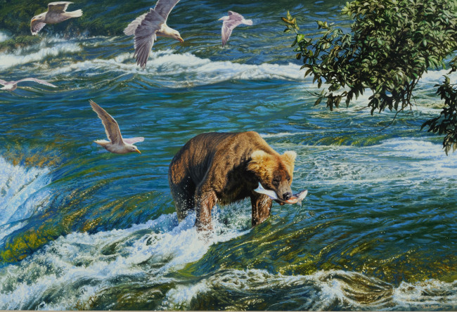 Обои картинки фото рисованное, животные,  медведи, охота, медведь, птицы, река