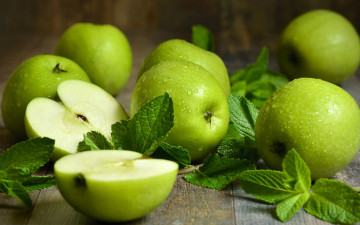 Картинка еда Яблоки мята капли яблоки зеленые фрукты