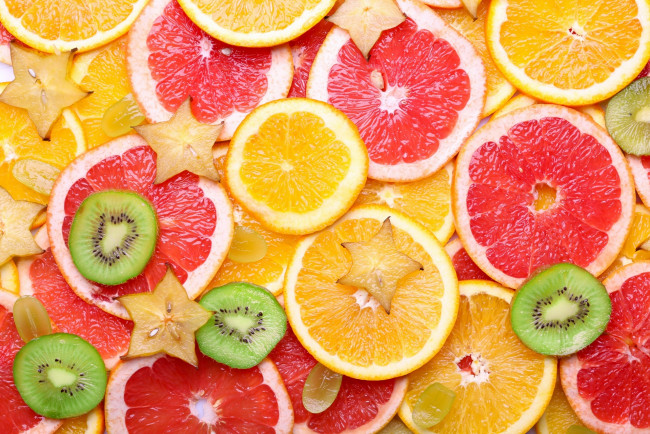 Обои картинки фото еда, цитрусы, грейпфрут, апельсин, киви