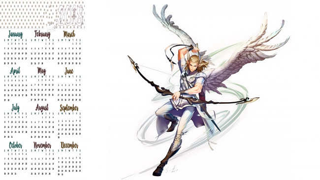 Обои картинки фото календари, фэнтези, оружие, крылья, лук, мужчина