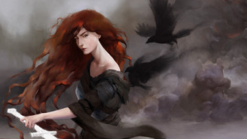 Картинка фэнтези девушки morrigan девушка рыжая меч вороны тучи