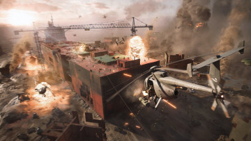 обоя видео игры, battlefield 2042, здания, бой, вертолеты