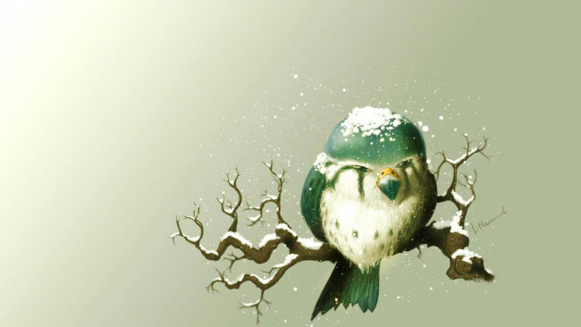 Обои картинки фото рисованное, животные,  птицы, птица, ветка, снег, зима