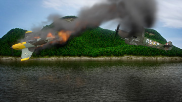 Картинка авиация 3д рисованые graphic бой самолеты река вершина гора