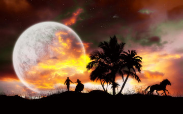 Картинка 3д графика atmosphere mood атмосфера настроения небо звезды комета ночь луна пальмы фигуры