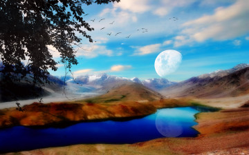 Картинка 3д графика atmosphere mood атмосфера настроения ветки птицы планета озеро дымка облака горы