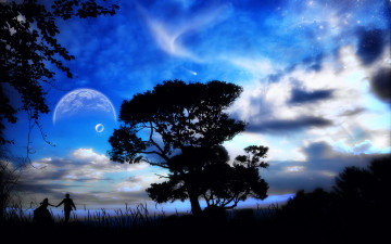 Картинка 3д графика atmosphere mood атмосфера настроения планеты небо звезды силуэты дерево трава