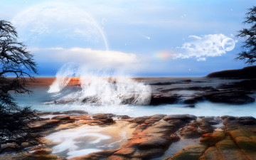 Картинка 3д графика atmosphere mood атмосфера настроения волна камни берег планеты тучи прибой брызги океан