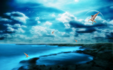 Картинка 3д графика atmosphere mood атмосфера настроения свет тучи планета камни чайки океан берег