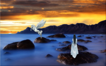 Картинка 3д графика fantasy фантазия свет пегас берег камни девушка океан