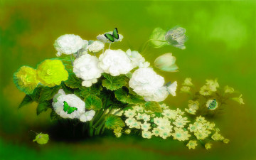 обоя рисованные, цветы, бутоны, бабочки, листья