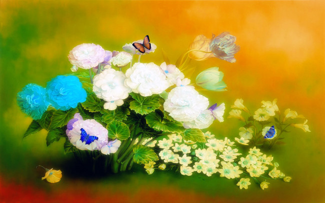 Обои картинки фото рисованные, цветы, бабочки, бутоны, листья