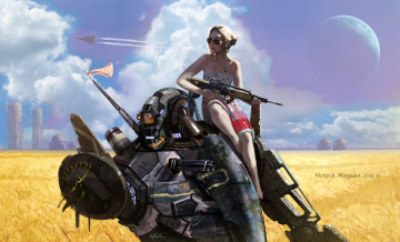 Картинка фэнтези роботы +киборги +механизмы фантастика арт робот девушка на плече оружие автомат очки фон
