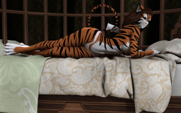 Картинка 3д+графика существа+ creatures взгляд тигрица уши хвост полосы кровать подушки