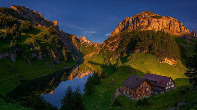Обои картинки фото природа, горы, дом, озеро