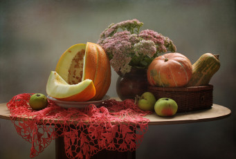 Картинка еда натюрморт осень яблоки тыква цветы дыня сентябрь очиток
