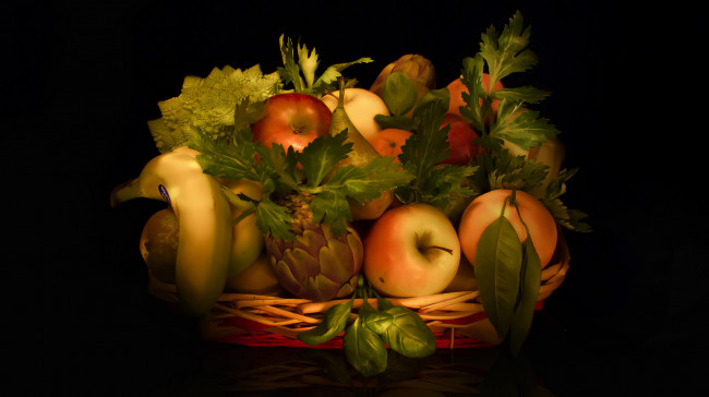 Обои картинки фото еда, фрукты,  ягоды, апельсин, натюрморт, грушa, банан, яблоко, цитрусы, листья