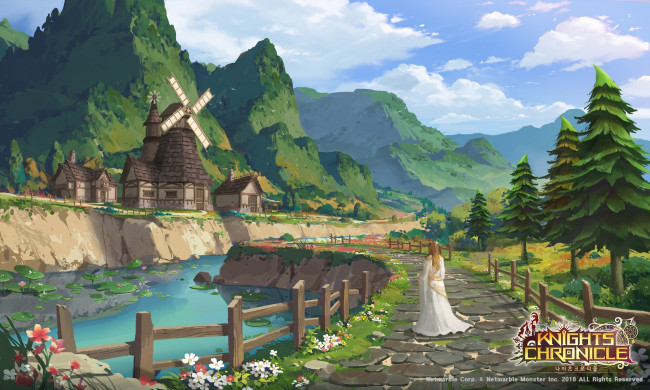 Обои картинки фото видео игры, knights chronicle, девушка, дорога, река, мельница, горы