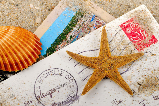 Обои картинки фото разное, ракушки,  кораллы,  декоративные и spa-камни, ракушка, песок, морская, звезда, письмо, конверт, фотография, открытка