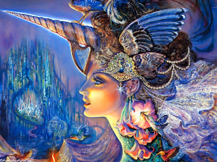 обоя josephine wall, фэнтези, _josephine wall, лицо, рог, цветы, плицы