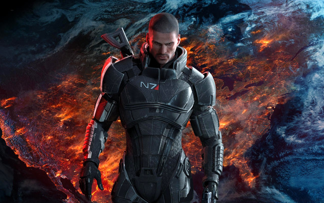 Обои картинки фото видео игры, mass effect 3, мужчина, броня, оружие, планета