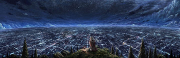 Картинка аниме ночь девушка город небо звезды огни улицы деревья фонарь облака пригорок