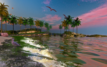 Картинка 3д графика sea undersea море пальмы птицы