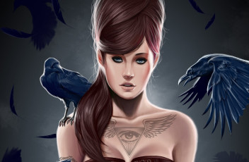 Картинка фэнтези девушки птицы прическа ворон девушка тату треугольник глаз крылья перья