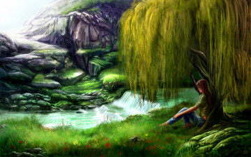 Картинка рисованные живопись гора цветы трава ива водопад