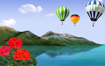 Картинка рисованные живопись море горы облока цветы шары