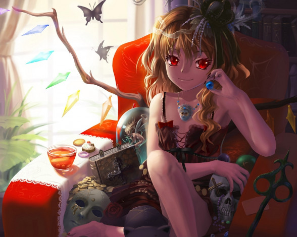 Обои картинки фото аниме, touhou, кресло, девушка, бусина, маска, бабочки, корона, чашка