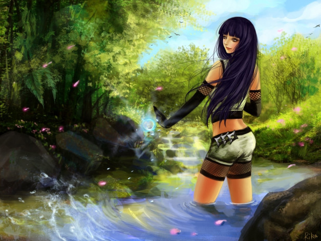 Обои картинки фото аниме, naruto, hyuga, hinata, rikamello, река, девушка, лес, магия, лепестки, вода, камни