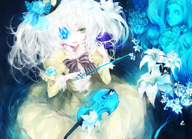 Обои картинки фото аниме, touhou, цветы, бант, девушка, скрипка