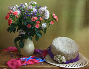 Картинка цветы букеты композиции розы шляпа платок