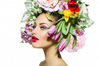 Картинка девушки -unsort+ лица +портреты модель девушка цветы волосы губы весна макияж взгляд белый фон шея